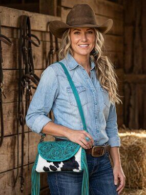 Turquoise Tooled Cowhide Crossbody
